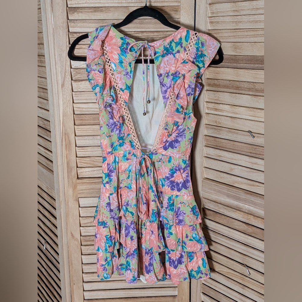 Indikah Floral Ruffle Tiered Open Back Mini Dress Pink Green Cottagecore Size 4 - Picture 6 of 8
